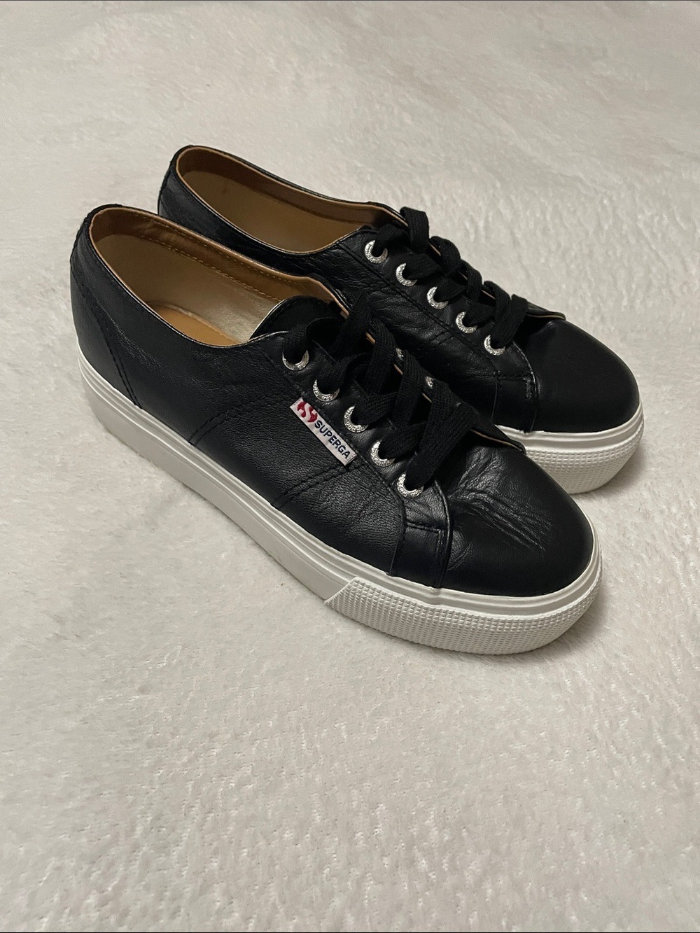 Superga Black Leather Platform Sneakers with White Sole 6.5M - Picture 2 of 11